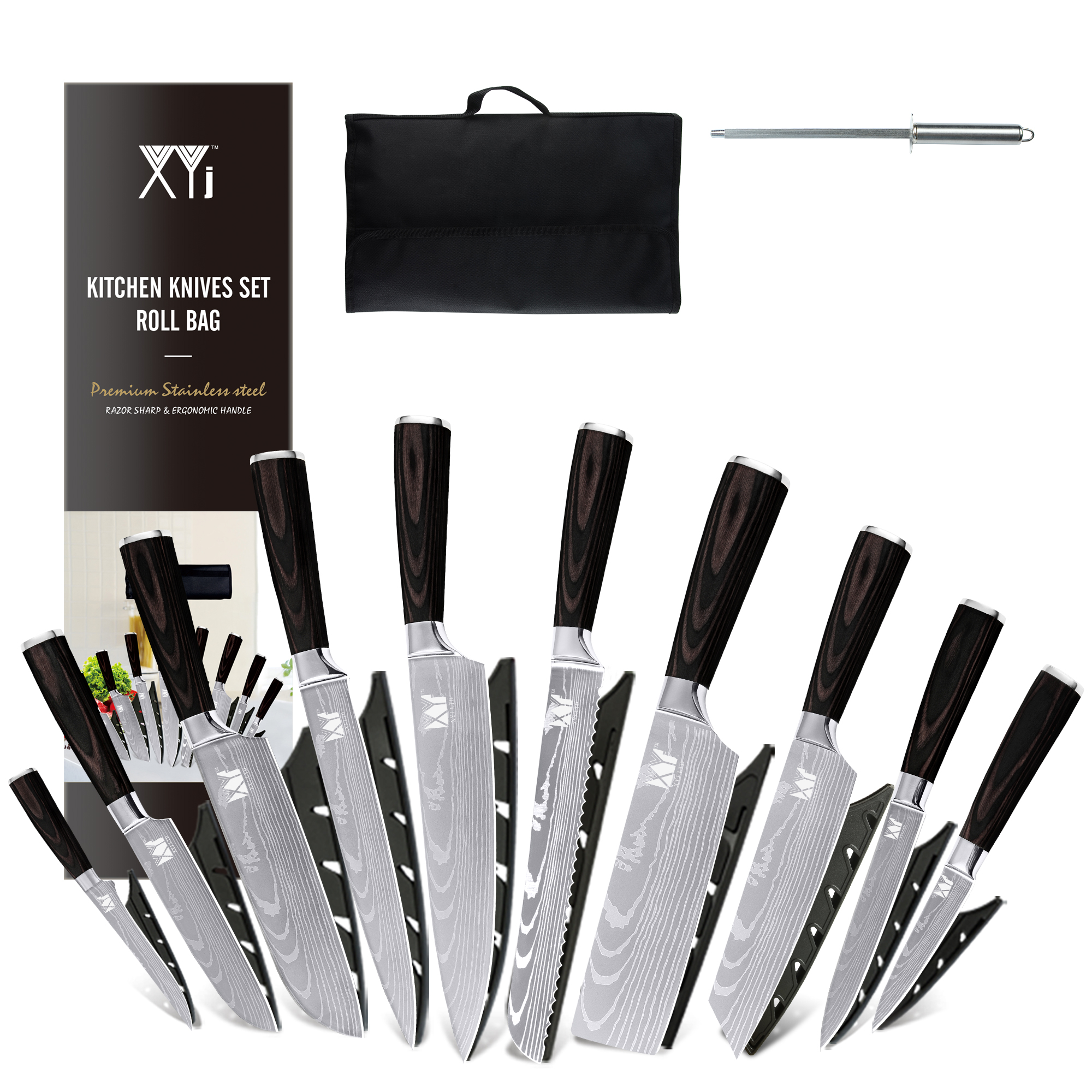 XYJ Authentic Since 1986,10 Pieces Kitchen Knife Set With Roll Bag